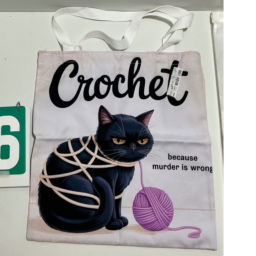 Crochet Because Murder Is Wrong Black Cat Canvas Tote Bag Humorous Novelty Gift
